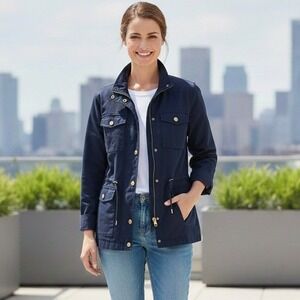 Tommy Hilfiger Navy Blue Utility Jacket Gold Buttons Drawstring Waist - Size S/P